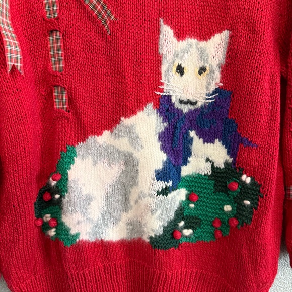 Vintage Christmas Cat Sweater Size Large Knitted by hand 90's - Picture 2 of 6
